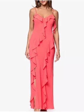 XSCAPE Ruffle Sweetheart Maxi Dress Coral Pink Petite 8 HOCO Prom Formal NWT